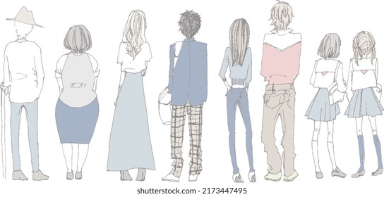 Vector illustrations of the backs of various people