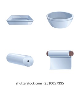 Vector illustrations of a baking tray, mixing bowl, rolling pin, and dough sheet