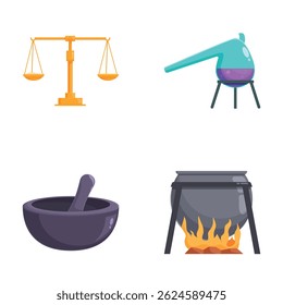 Vector illustrations of a balance scale, flask, mortar and pestle, and cauldron over fire
