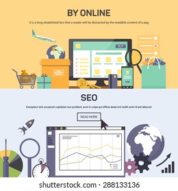 Vector illustrations banner - buying online and SEO optimization. Flat style for your design situations