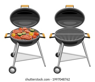 Ilustraciones vectoriales de barbacoa, parrilla barbacoa con chuletones de cerdo asados y deliciosas verduras a la parrilla, barbacoa redonda aislada con ralladura vacía sobre fondo blanco.