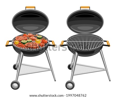 Vector illustrations of Barbecue Grills, bbq grill with roasted pork steaks and tasty grilled vegetables, isolated round barbeque with empty grate on white background.