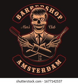 Vector illustrations of barber skull with scissors and comb on the dark background. This design is perfect for logos, shirt prints and many other uses.
