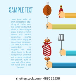 Vector Illustrations BBQ Poster. Hands On One Side Of The Screen Offer Barbecue On White Background. Food Flayer. Summer Weekend Picnic, Backyard Party Banner In Flat Style With Space For Text