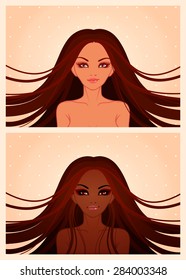 vector illustrations of beautiful girls with long black hair