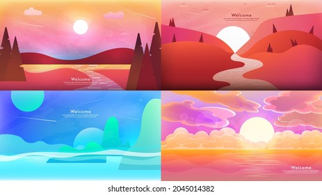 Ilustraciones vectoriales. Bonito entorno natural. Resumen paisaje puesta al sol o salida del sol para el diseño de papel pintado. Elementos de diseño.