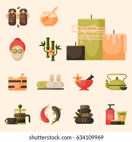 Vector illustrations of beautiful woman spa treatment, beauty procedures wellness icons.