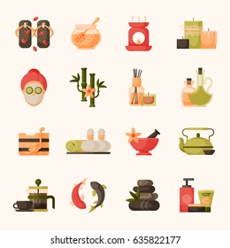 Vector illustrations of beautiful woman spa massage treatment, beauty procedures wellness icons.