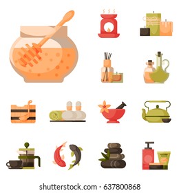 Vector illustrations of beautiful woman spa treatment, beauty procedures wellness icons.