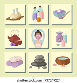 Vector illustrations of beautiful woman spa treatment, beauty procedures wellness icons.