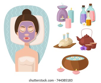 Vector illustrations of beautiful woman spa treatment, beauty procedures wellness icons.