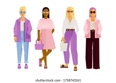 Vector Illustrations of Beautiful Women in Fashion Clothes and Sunglasses with Bags in Various Poses. Flat concept. Trendy style. 