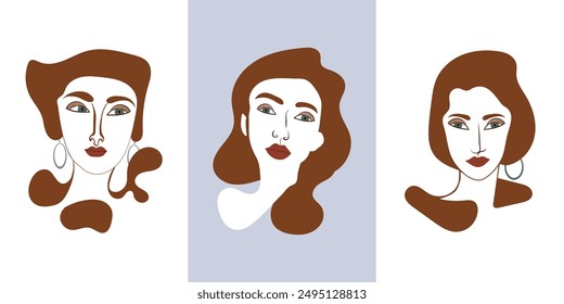 Vector illustrations of beautiful women's faces with various hairstyles and a range of emotions