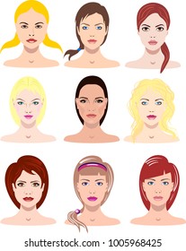 vector illustrations of beautiful young girls with various faces and hair style