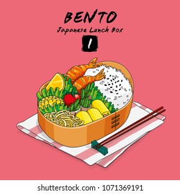 Vector illustrations of Bento Japanese lunch box and chopsticks with rice, vegetables, eggs, meat 