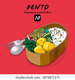 Vector illustrations of Bento Japanese lunch box and chopsticks with rice, vegetables, eggs, meat
