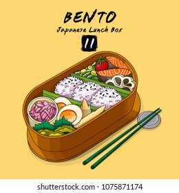 Vector illustrations of Bento Japanese lunch box and chopsticks with rice, vegetables, eggs, meat