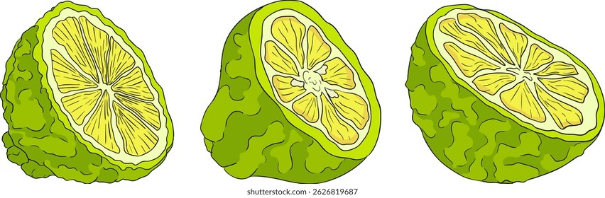 Vector illustrations of bergamot fruit lifecycle: flowers, green fruit, and sliced ripe fruit. Perfect for botanical designs, food packaging, or wellness branding. Clean lines, vibrant colors, and nat
