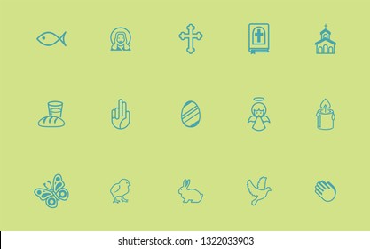 Vector illustrations Bible, angel, chicken, cross, church, rabbit, pigeon, butterfly, egg, candle, Jesus, church, prayer Set of two vector icons. Flat design Linear