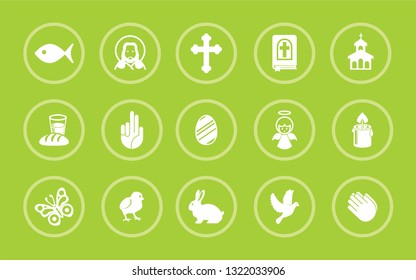 Vector illustrations Bible, angel, chicken, cross, church, rabbit, pigeon, butterfly, egg, candle, Jesus, church, prayer Set of two vector icons. Flat design