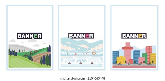 Vector illustrations of bicycle walks, abstract landscapes with cyclists for a banner or background.