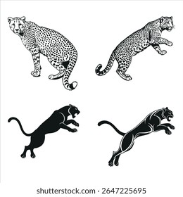 Vector Illustrations of Big Cats A Set of Cheetah and Panther Silhouettes in Different Poses
