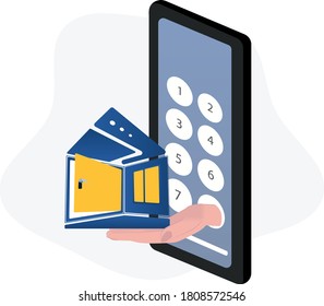 vector illustrations big mobile phone with blue house with yellow door and window in hand