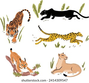 С colección de ilustraciones vectoriales de grandes gatos salvajes (tigre, jaguar, pantera, leona, lynx, bobcat, leopard) aislados en fondo blanco