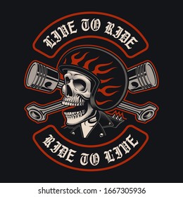 Vector illustrations of biker skull with crossed pistons on the dark background. This design is perfect for logos, shirt prints and many uses as well.