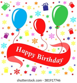 Vector illustrations of Birthday greeting multicolor card with ribbon and balloons isolated on white background
