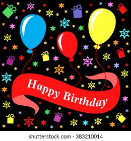 Vector illustrations of Birthday greeting multicolor card with ribbon and balloons on black background