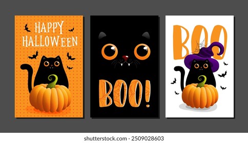 Vector illustrations with black cat. Halloween poster designs with symbols and calligraphy. Funny halloween cards set