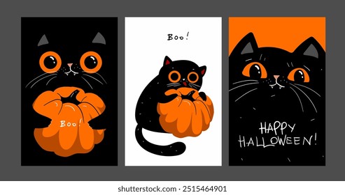 Vector illustrations with black cat. Halloween poster designs with symbols and calligraphy. Funny halloween cards set