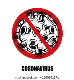Ilustraciones vectoriales de la molécula del coronavirus negro COVID-19 dentro del círculo rojo cruzado. virus wuhan de China