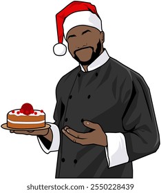 Vektorgrafiken schwarzen Mann Koch mit Kuchen. Der Karikaturenkoch trägt einen Weihnachtsmannhut und serviert Speisen. Essen zum Thema Weihnachten. Kitchener freut sich, Weihnachten begrüßen zu dürfen. Feliz Navidad kocht.