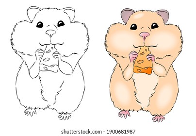 Vector Illustrations Of Black Outline Hamsters And Color. One Hamster Is Eating