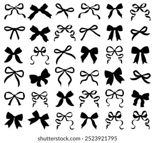 Vector Illustrations of black vintage bow set. Bow for girly hair decor, flat icons. Ribbons isolated. Trendy girls accessories. Cute hairstyle elements collection.Simple handdrawn blue ribbon bow