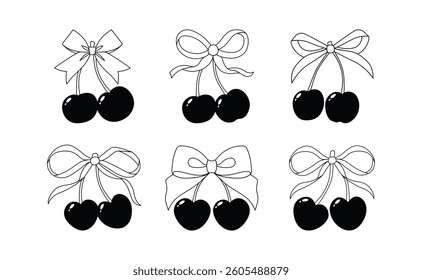 Vector Illustrations of black vintage bows and cherry set. Bow for girly hair decor, flat icons. Ribbons isolated. Trendy girls accessories. Cute hairstyle elements collection. Red ribbon bow berry
