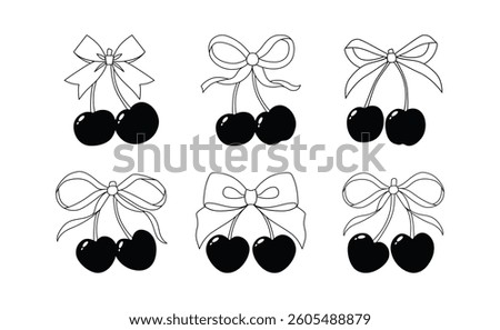 Vector Illustrations of black vintage bows and cherry set. Bow for girly hair decor, flat icons. Ribbons isolated. Trendy girls accessories. Cute hairstyle elements collection. Red ribbon bow berry
