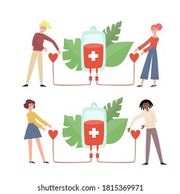Vector illustrations of blood donation concept with people. Standing woman giving blood to man an holding heart isolated on white used for donor day poster, hospital website, magazine