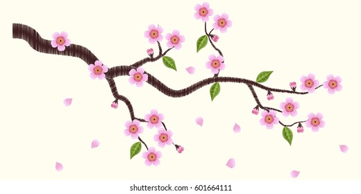 Vector illustrations blooming sakura branch embroidery.
