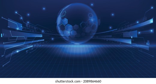 Vector illustrations of blue futuristic technology digital tech stage layout for hi-tech advertising background artwork.