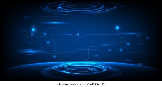 Vector illustrations of blue neon futuristic technology theme stage layout with pedestal and digital theme interior designed.Future technology and innovation concepts. 