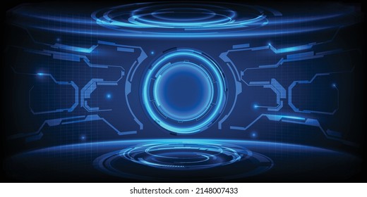 Vector Illustrations Of Blue Neon Hi Tech Futuristic Stage With Blue Neon Pedestal For Advertising Layout And Showcase Product.Future Technology Design Concepts.