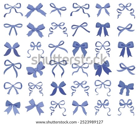 Vector Illustrations of blue vintage bow set. Bow for girly hair decor, flat icons. Ribbons isolated. Trendy girls accessories. Cute hairstyle elements collection.Simple handdrawn blue ribbon bow