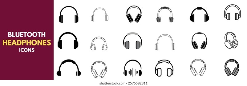 Vector illustrations of Bluetooth headphones in different shapes and styles. Ideal for music, technology, and communication themes.