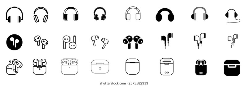 Vector illustrations of Bluetooth headphones in different shapes and styles. Ideal for music, technology, and communication themes.