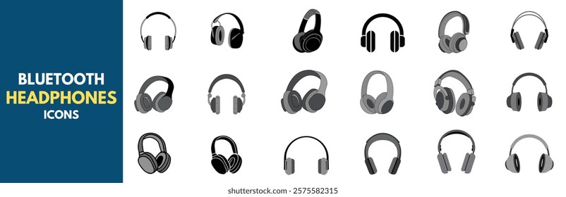 Vector illustrations of Bluetooth headphones in different shapes and styles. Ideal for music, technology, and communication themes.