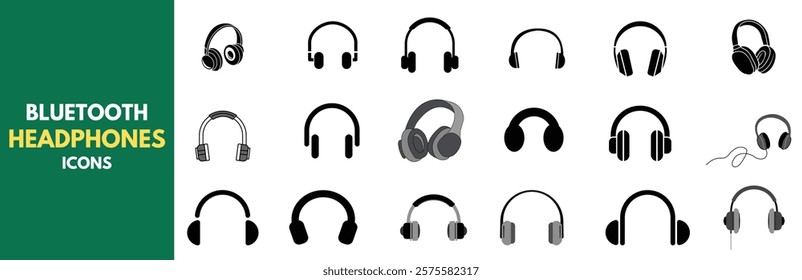 Vector illustrations of Bluetooth headphones in different shapes and styles. Ideal for music, technology, and communication themes.