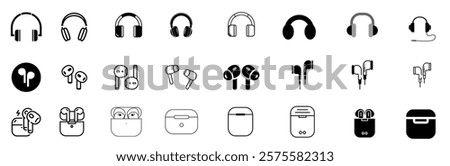 Vector illustrations of Bluetooth headphones in different shapes and styles. Ideal for music, technology, and communication themes.